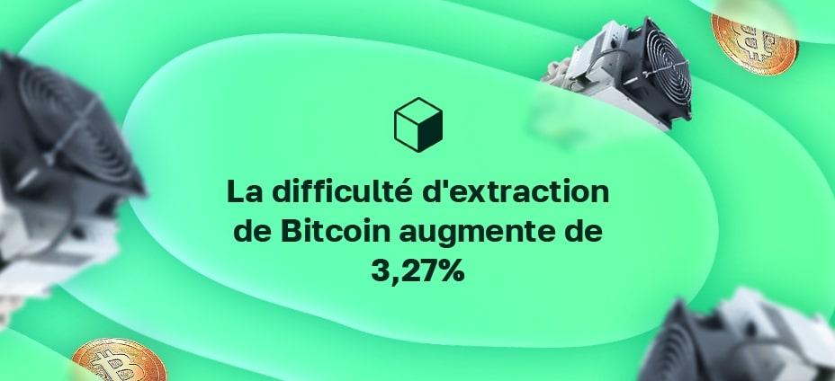 La difficulté d'extraction de Bitcoin augmente de 3,27%